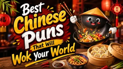 Colorful Chinese puns poster with wok, dumplings, noodles and fun typography design