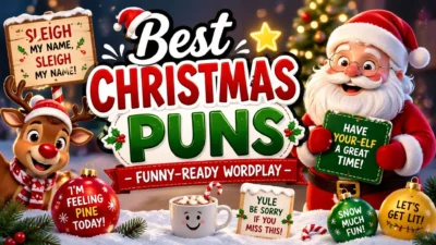 Best christmas puns thumbnail with Santa, reindeer, festive ornaments and funny wordplay text