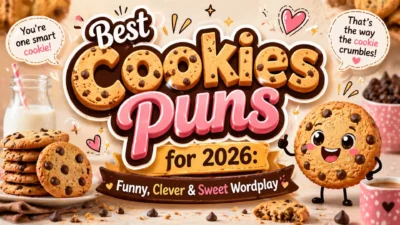 Colorful cookies puns banner with cute cookie characters and bold text for fun baking humor design