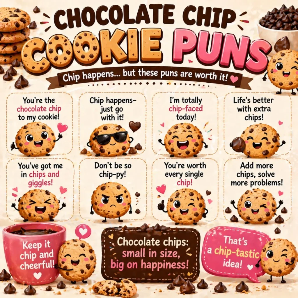 Cute chocolate chip cookie puns poster with smiling cookie characters and fun motivational quotes