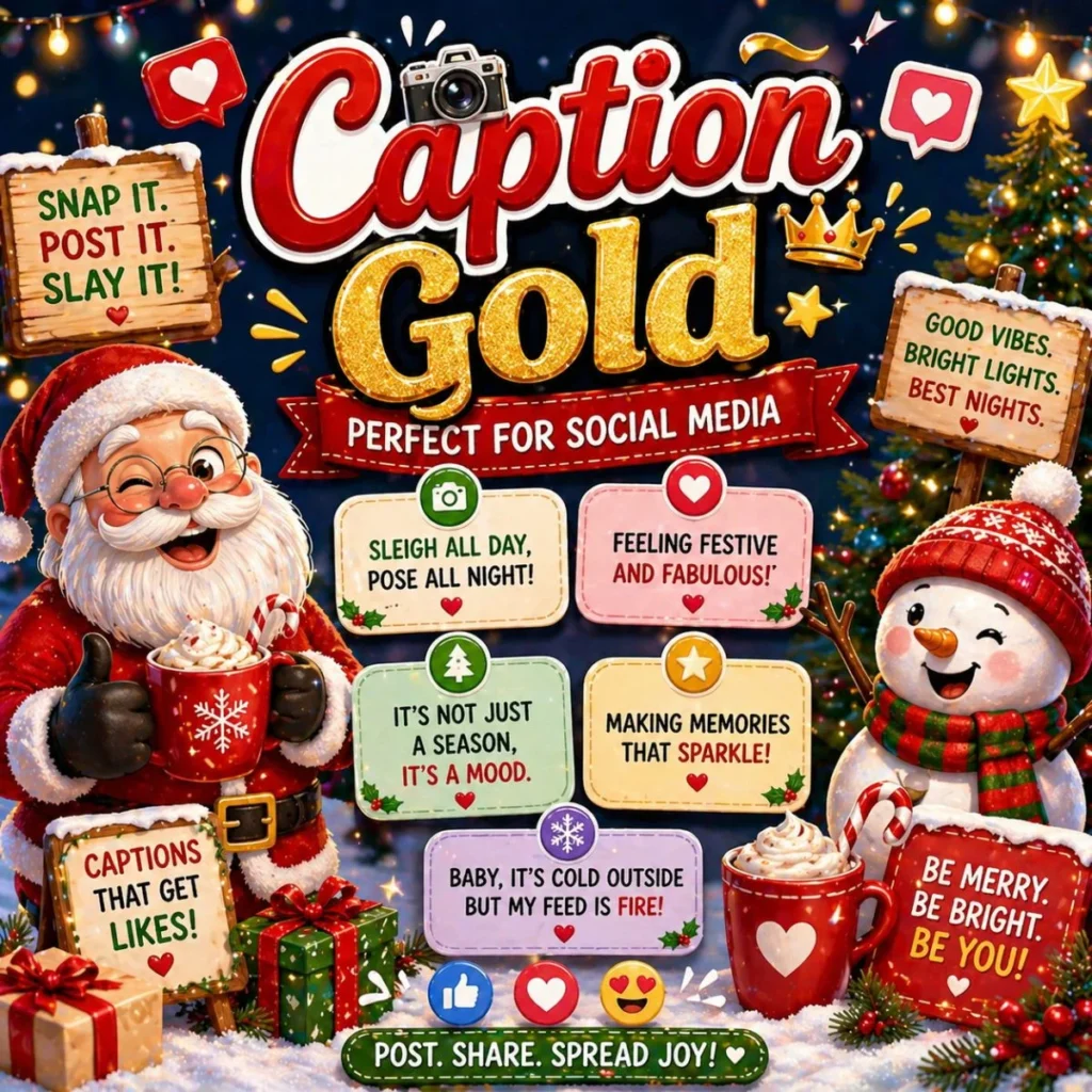 Christmas caption puns illustration with Santa, snowman, festive lights and social media quote cards