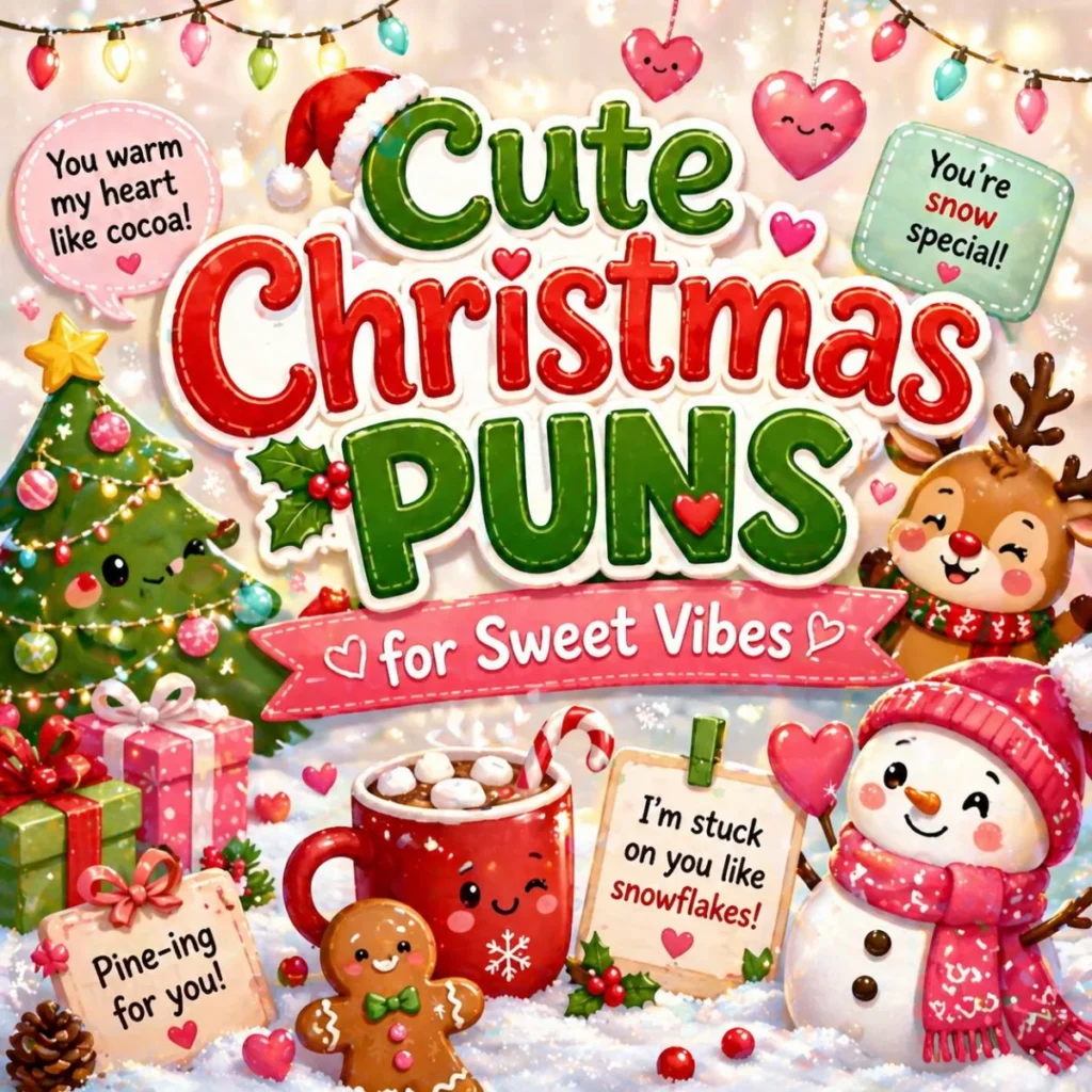 Cute christmas puns illustration with snowman, reindeer, cocoa mug and sweet festive quotes