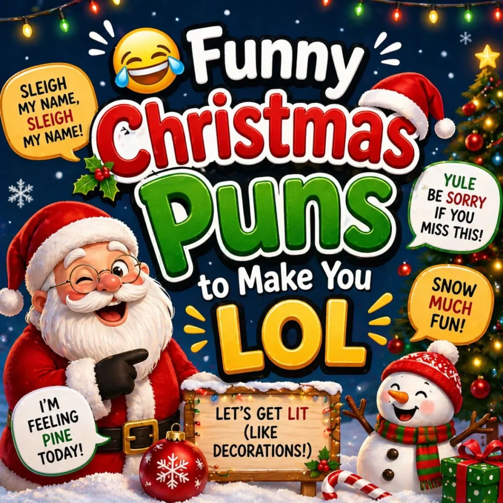 Funny christmas puns illustration with Santa, snowman, festive lights and humorous holiday wordplay text