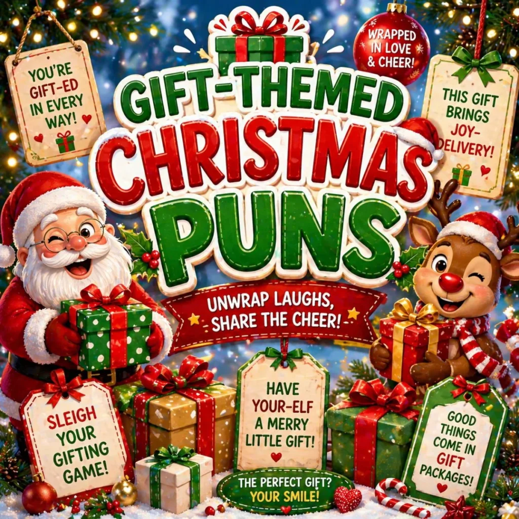 Gift themed christmas puns illustration with Santa, reindeer, wrapped presents and festive wordplay quotes