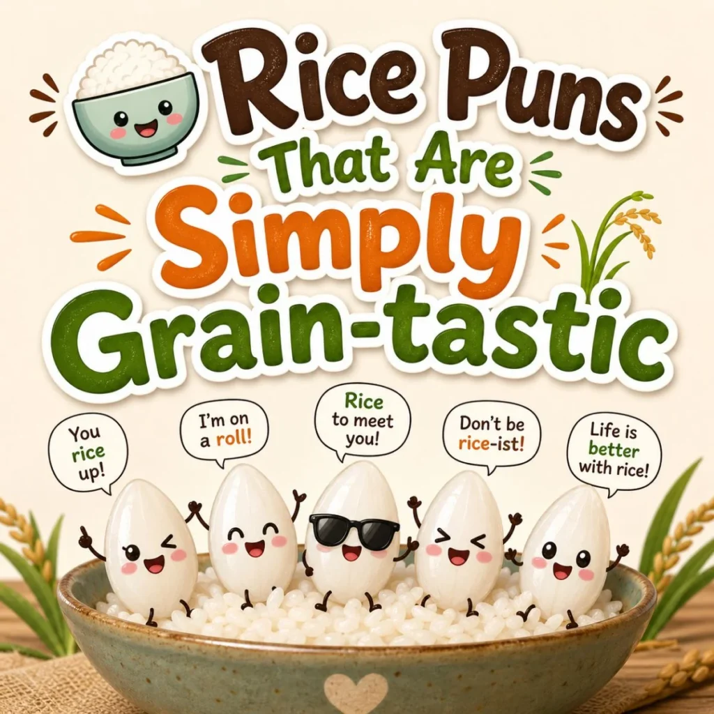 Cute kawaii rice grains in a bowl with pun speech bubbles and title “Rice Puns That Are Simply Grain-tastic”