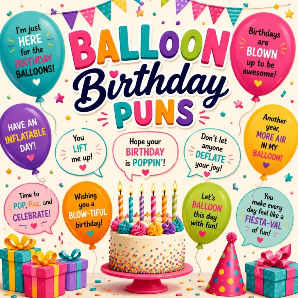 Colorful balloon birthday puns poster with cake, gifts, confetti, and funny balloon-themed party quotes