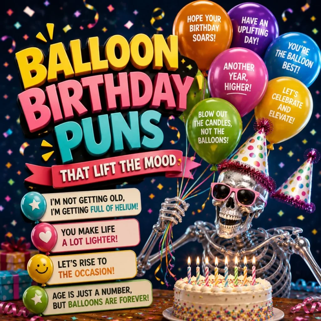 Skeleton surrounded by colorful balloons and birthday decorations with funny balloon birthday puns design