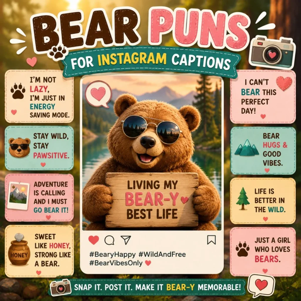 Cute cartoon bear with Instagram caption puns in a colorful outdoor social media themed design