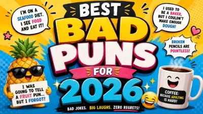 Best bad puns for 2026 banner with funny cartoon jokes, quirky characters, and colorful cringe humor design