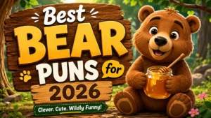 Cute cartoon bear holding honey beside Best Bear Puns for 2026 text in a colorful forest scene