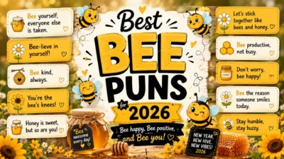 Best bee puns for 2026 graphic with cute bees, honey jars, sunflowers, and funny bee quotes