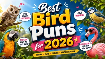 Colorful Best Bird Puns for 2026 banner with funny birds, owl jokes, flamingo humor, and cheerful cartoon design