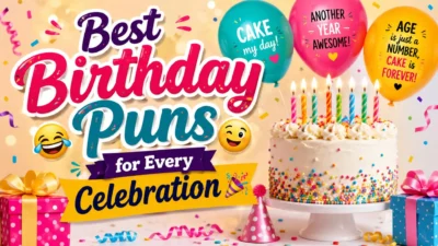 Colorful birthday puns graphic with cake, balloons, gifts, confetti, and funny celebration text