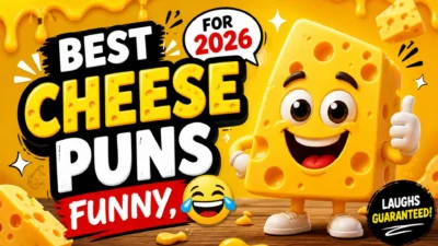 Smiling cartoon cheese character with bold text “Best Cheese Puns 2026” on bright yellow background with fun elements