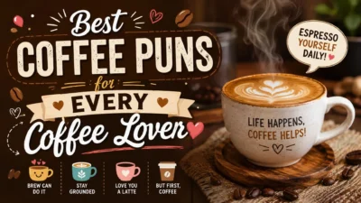Best coffee puns graphic with latte art, coffee beans, cozy café vibes, and funny coffee lover quotes