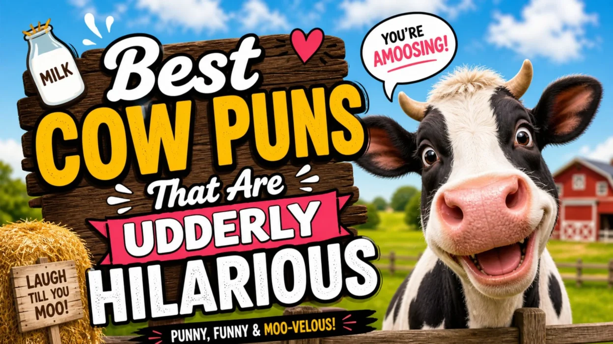 Funny cow puns banner with smiling cartoon cow, farm background, and bold udderly hilarious text