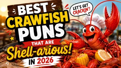 Funny crawfish puns poster with cartoon lobster, seafood boil, and colorful 2026 humor design