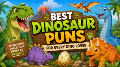 Funny cartoon dinosaur puns banner with smiling dinos, jungle scene, volcano, and playful prehistoric humor