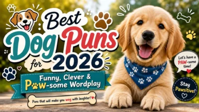 Cute golden retriever puppy with playful dog puns text for 2026, colorful fun banner design