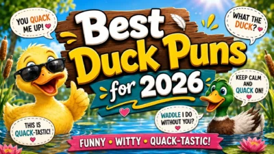 Funny duck puns banner with cartoon ducks, quack jokes, pond background, and colorful 2026 humor design