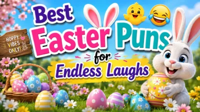 Best Easter puns banner with bunny, colorful eggs, flowers, and cheerful spring humor