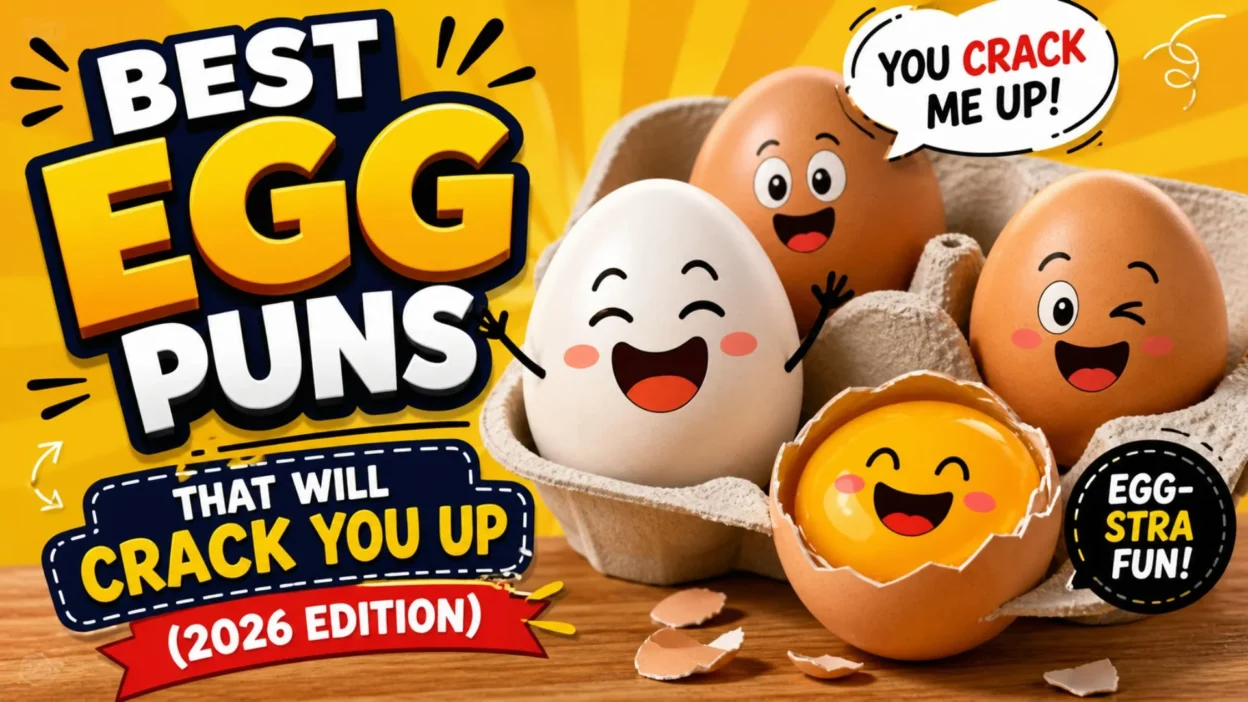 Colorful egg puns thumbnail with smiling cartoon eggs and funny text “Best Egg Puns That Will Crack You Up 2026”