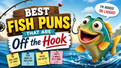 Colorful cartoon fish jumping from water with funny fish puns and “Best Fish Puns Off the Hook”