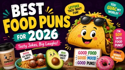 Funny food puns 2026 banner with taco, donut, avocado, pasta, and colorful cartoon food characters