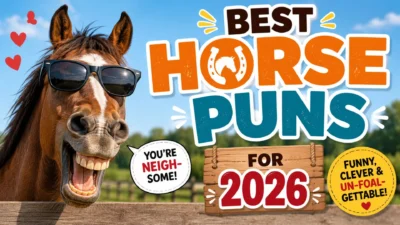 Funny horse wearing sunglasses with bold best horse puns for 2026 text