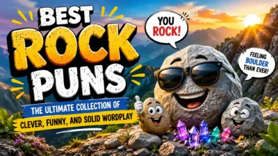 Funny rock puns banner with smiling cartoon boulders, mountains, crystals, and bold playful typography