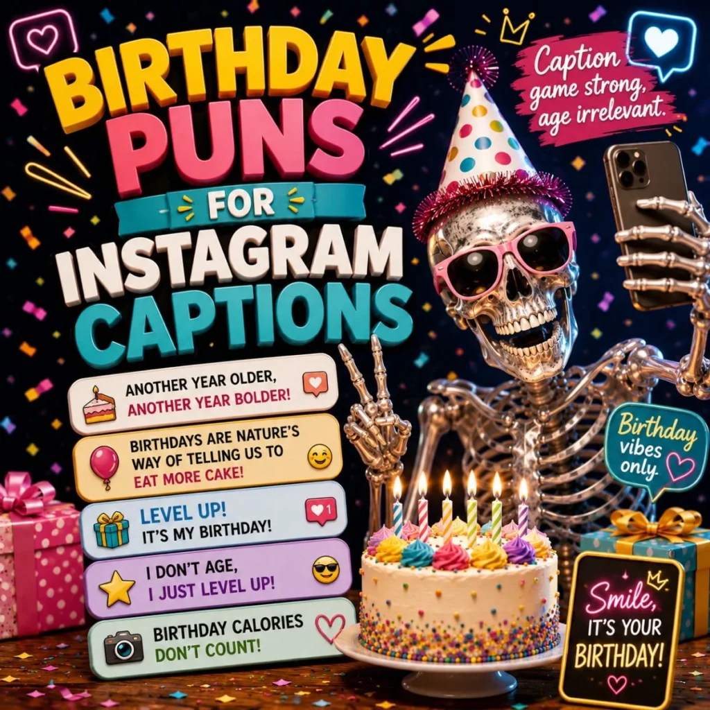 Skeleton taking selfie with birthday cake and colorful Instagram birthday puns party design