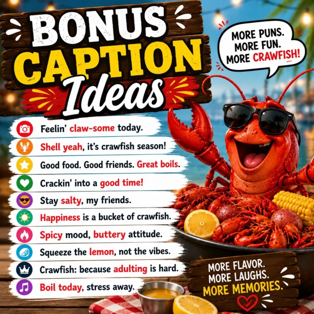 Bonus crawfish caption ideas poster with cartoon crawfish, seafood boil, and funny social media puns
