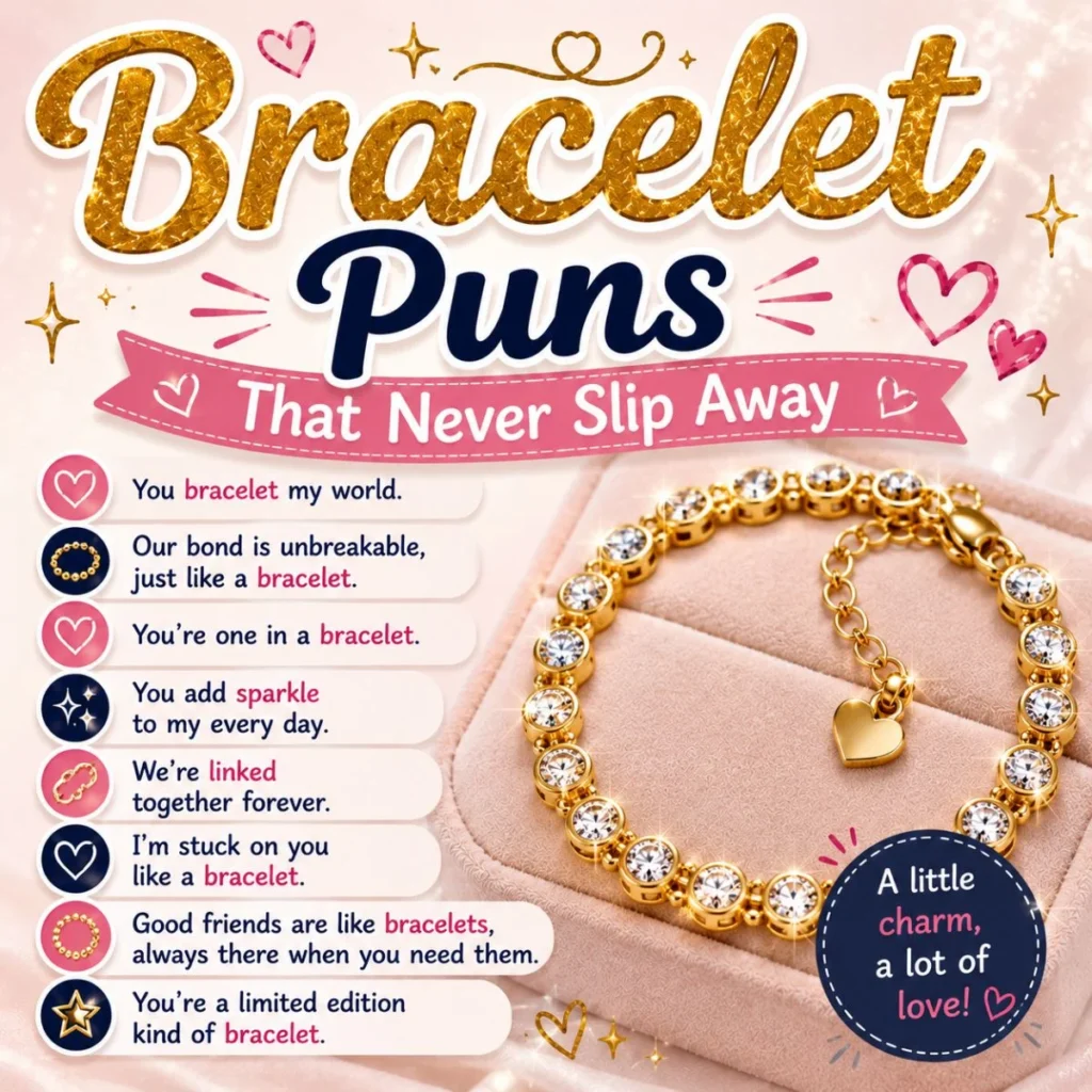 Bracelet puns graphic with gold charm bracelet, pink jewelry box, and cute sparkling wordplay