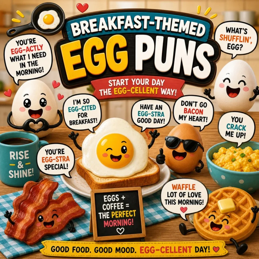 Breakfast egg puns poster with cartoon eggs, bacon, waffles, and coffee, featuring funny morning food jokes