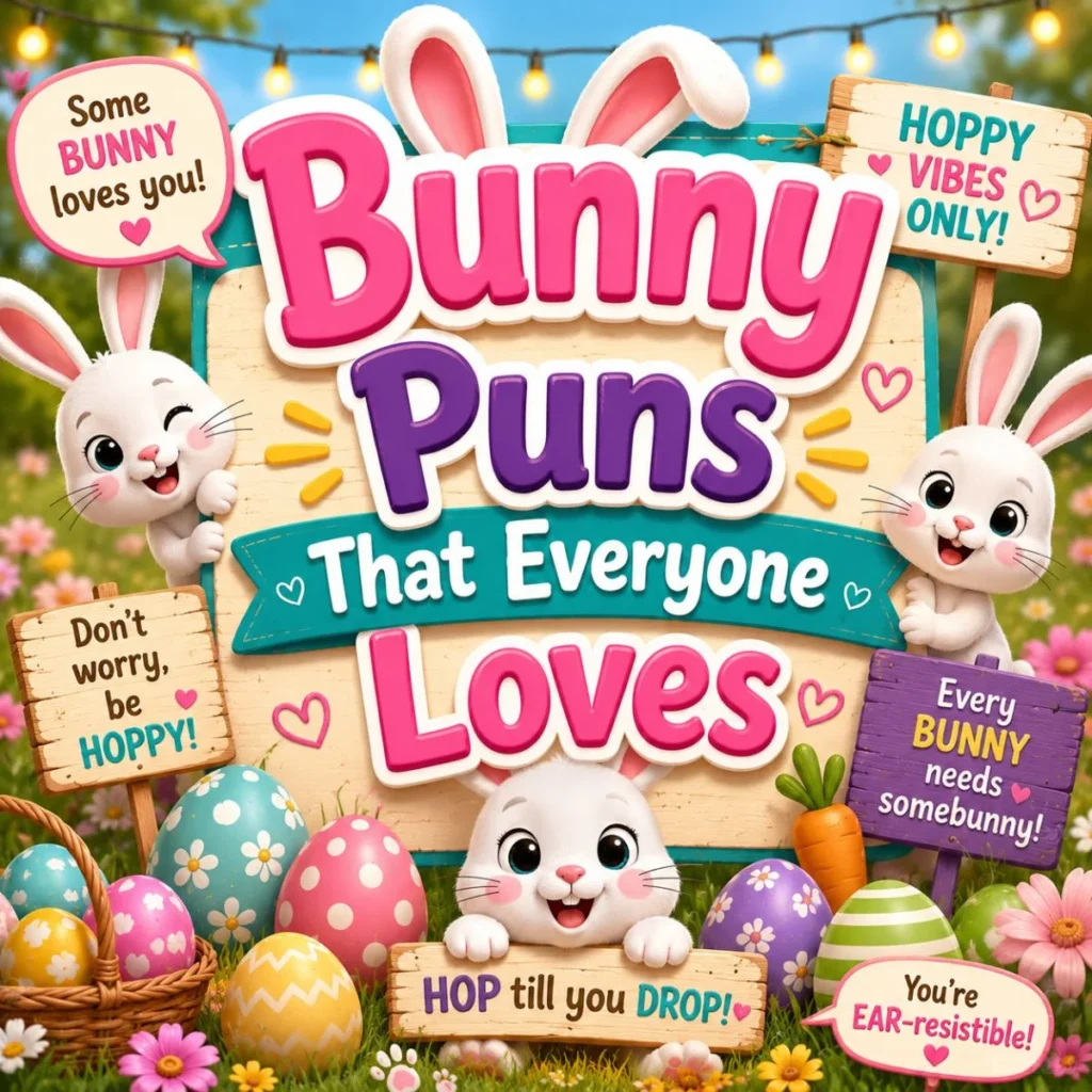Cute bunny Easter puns image with colorful eggs, funny signs, and playful spring bunny humor