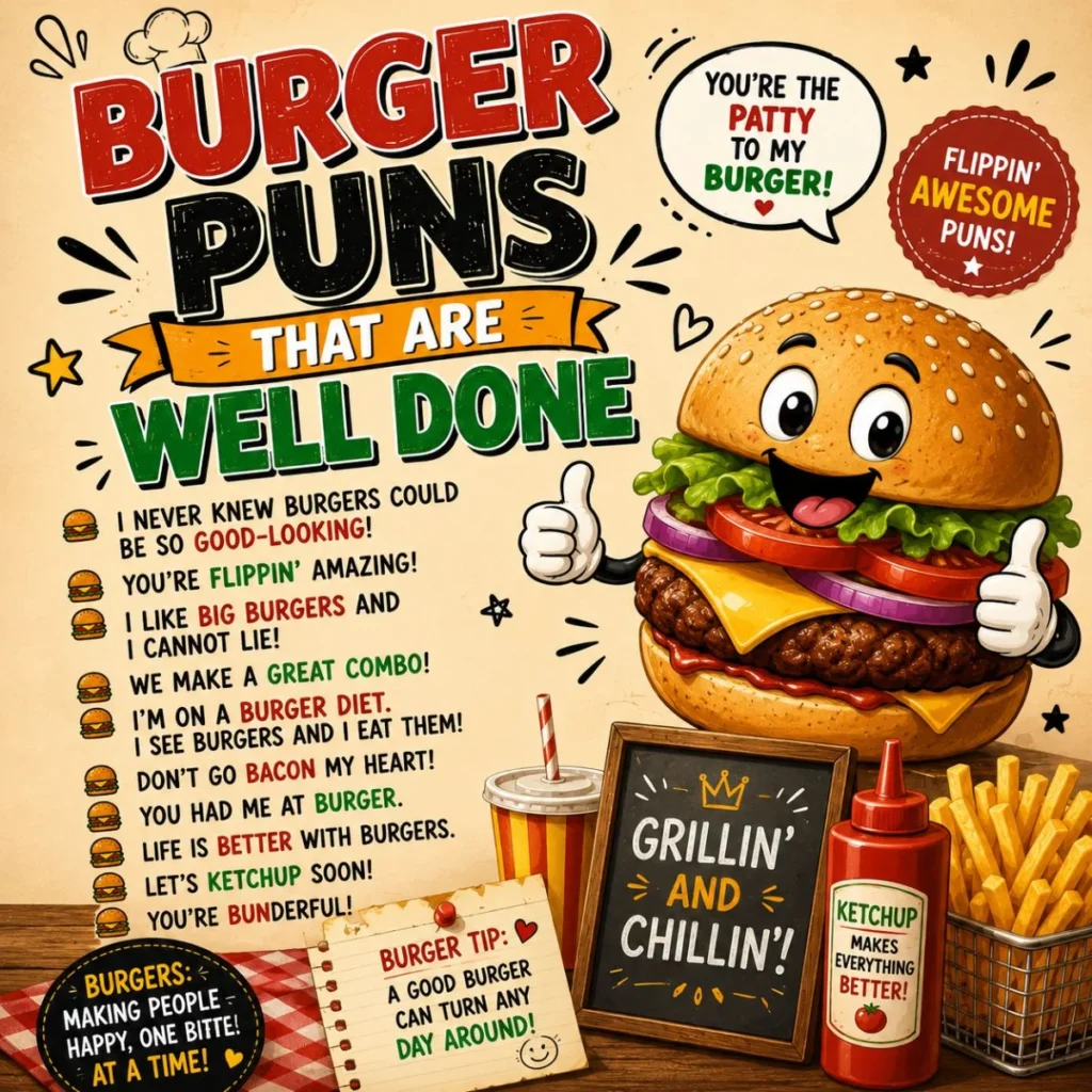 Funny burger puns poster with cartoon cheeseburger, fries, ketchup, and playful foodie humor design