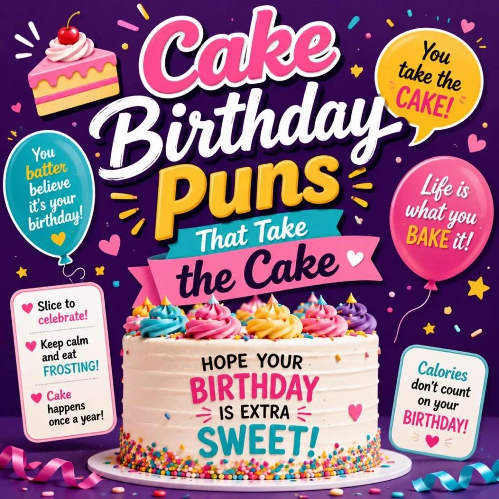 Colorful cake birthday puns graphic with balloons, cupcakes, confetti, and funny birthday cake quotes