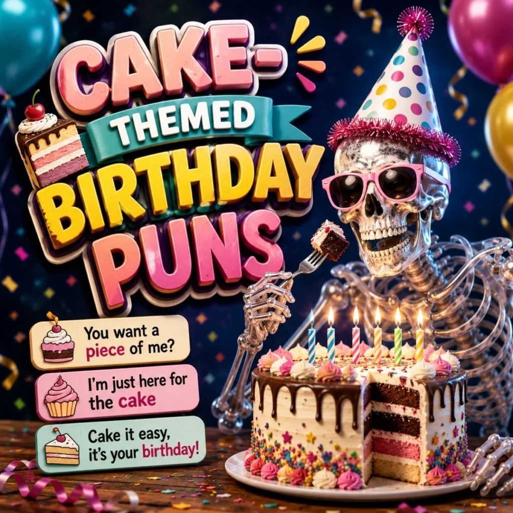 Skeleton holding cake beside colorful birthday cake and funny cake-themed birthday puns party design