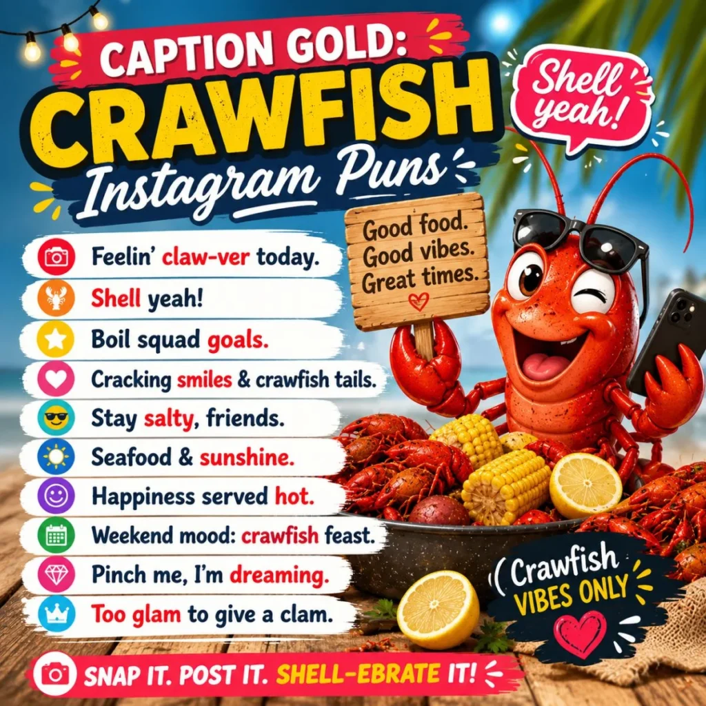 Crawfish Instagram puns infographic with cartoon crawfish, seafood boil, captions, and beach vibes