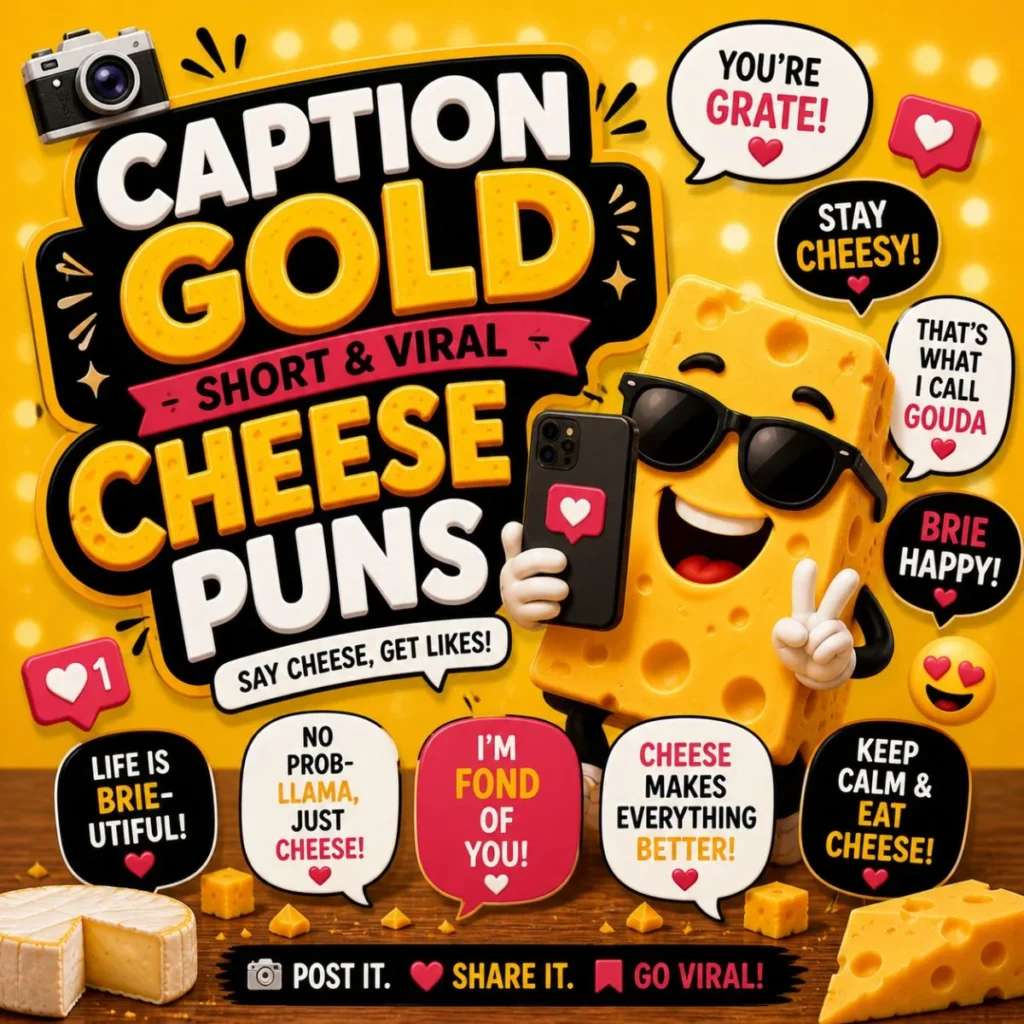 Short viral cheese puns poster with cartoon cheese taking selfie, bold text, and social media style speech bubbles