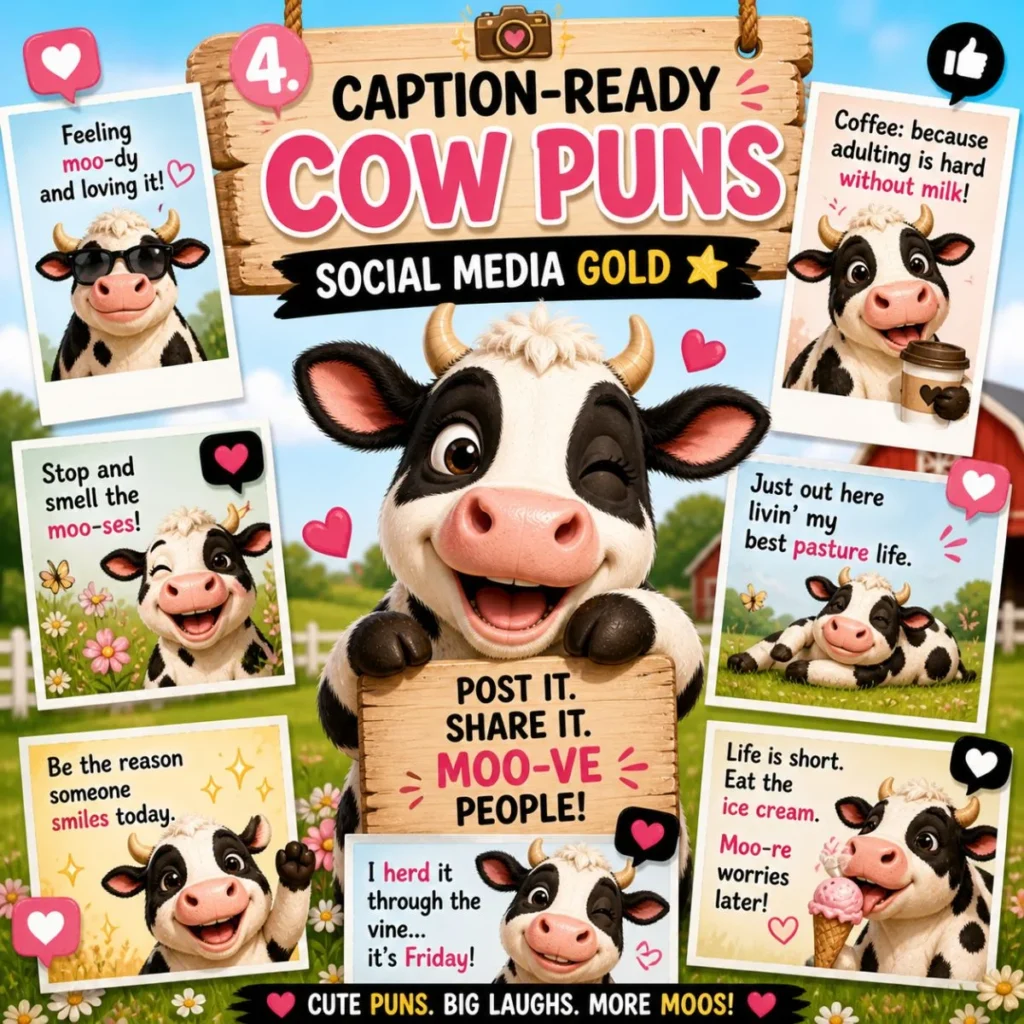 Caption-ready cow puns poster with cute cartoon cow, social media style frames, and funny farm captions