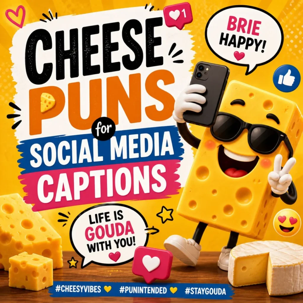 Cheese puns for social media captions with cartoon cheese taking selfie and playful text on bright yellow background
