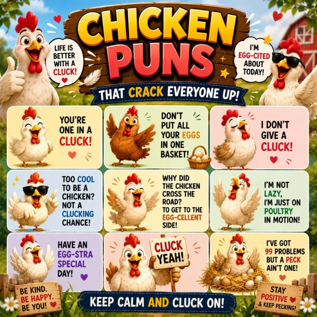 Funny chicken puns infographic with cute cartoon chickens, egg jokes, and colorful farm-themed humor