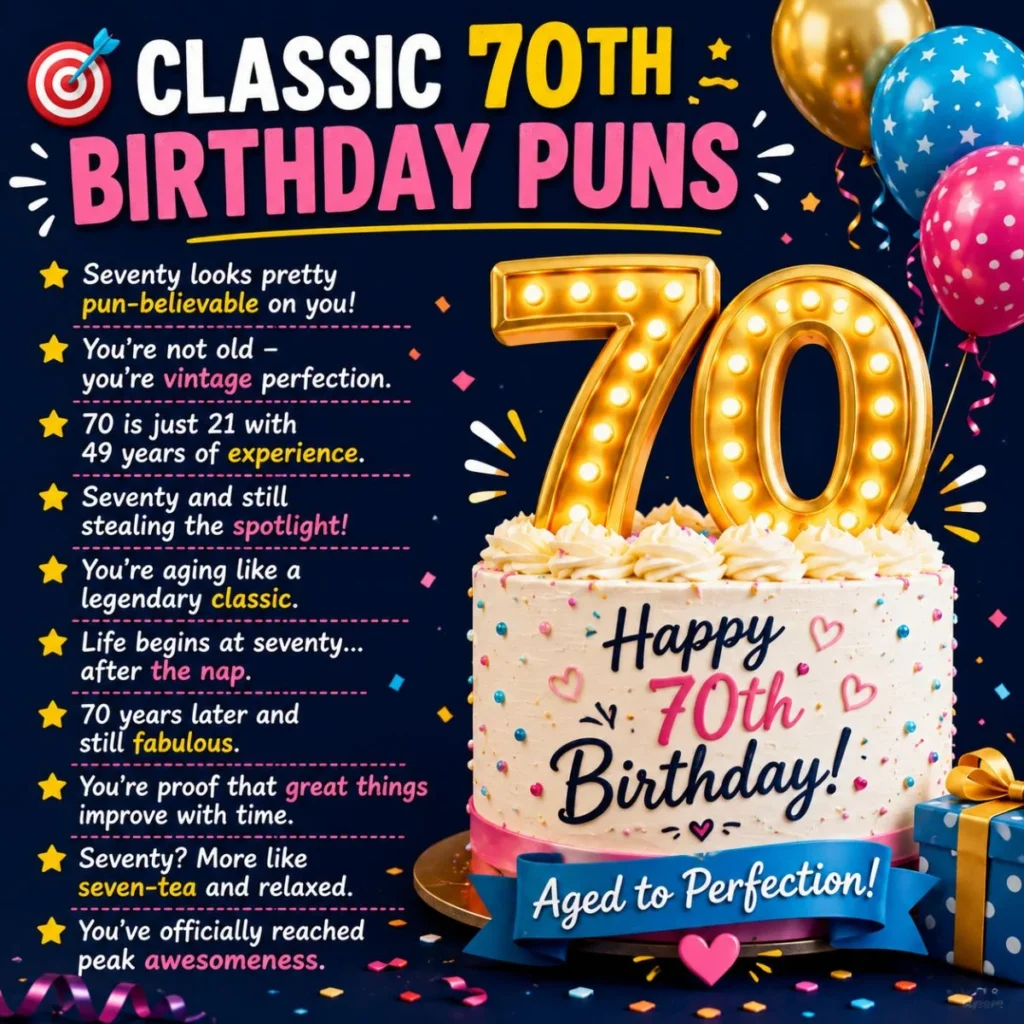Classic 70th birthday puns graphic with cake, glowing 70 numbers, balloons, and funny birthday lines
