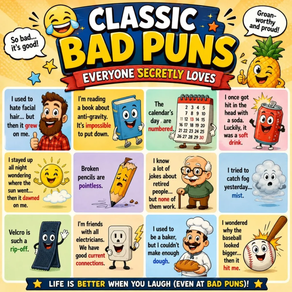 Classic bad puns poster with funny comic jokes, colorful cartoon characters, and cringe-worthy wordplay humor
