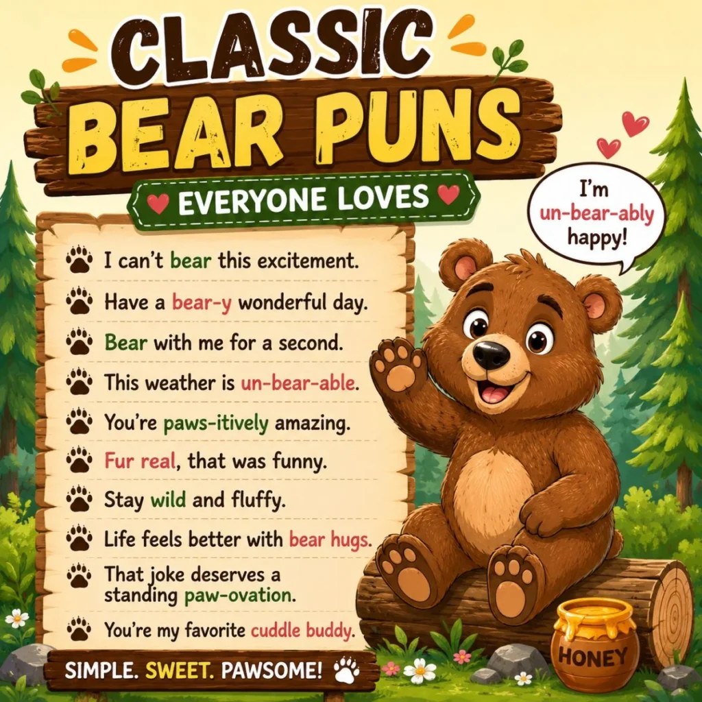 Cute cartoon bear with classic bear puns list in a colorful forest illustration with funny wordplay quotes