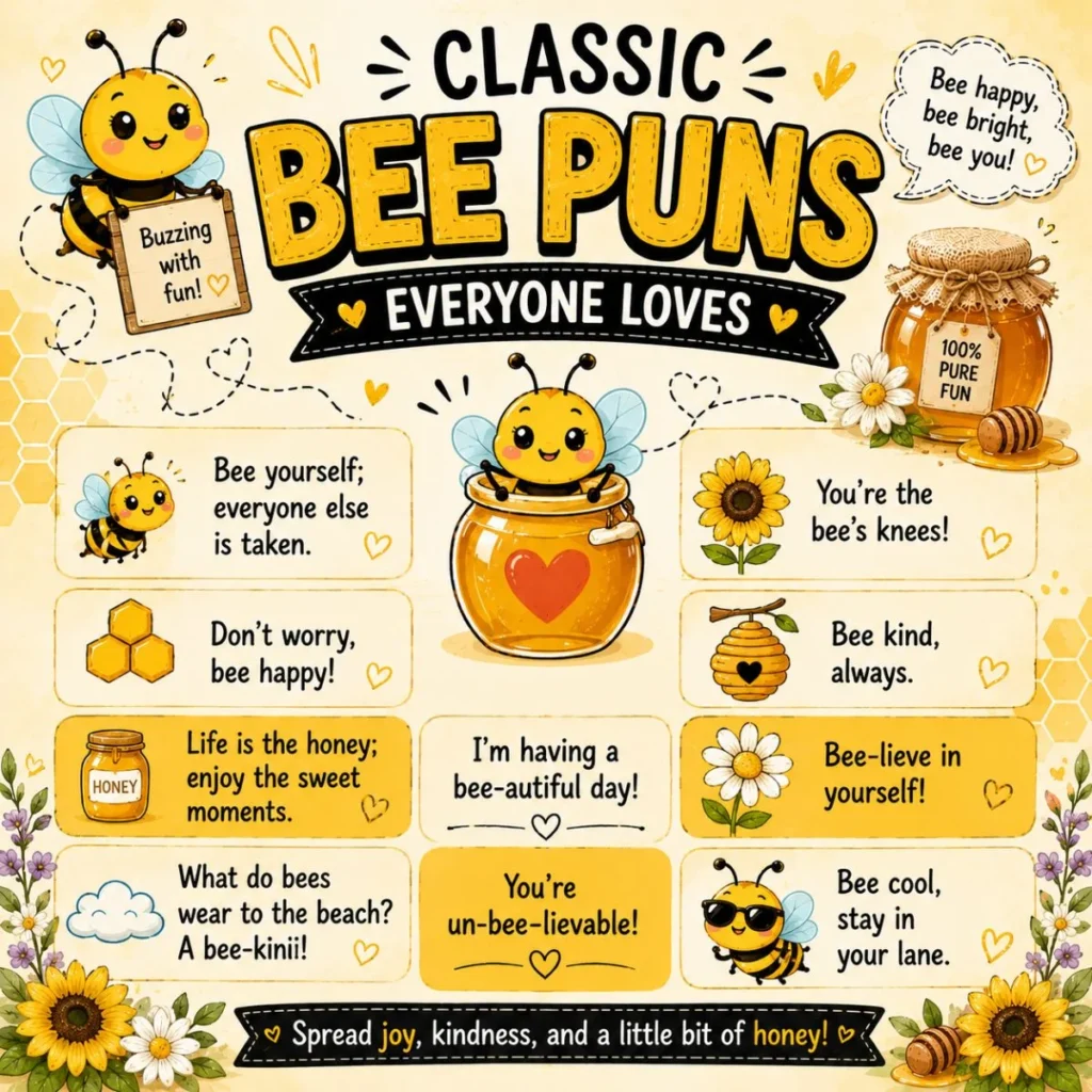Classic bee puns infographic with cute bees, honey jars, flowers, and funny bee-themed quotes