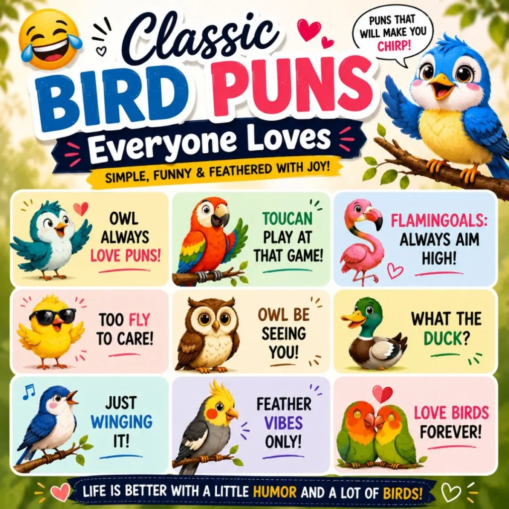Classic bird puns infographic with funny owl, flamingo, duck, and colorful cartoon bird jokes
