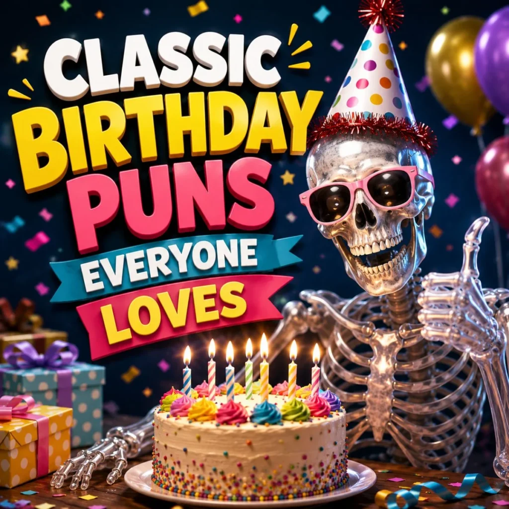 Skeleton wearing party hat and sunglasses beside birthday cake with colorful classic birthday puns text