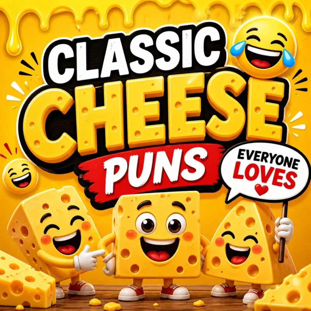 Happy cartoon cheese characters with “Classic Cheese Puns Everyone Loves” text on bright yellow playful background